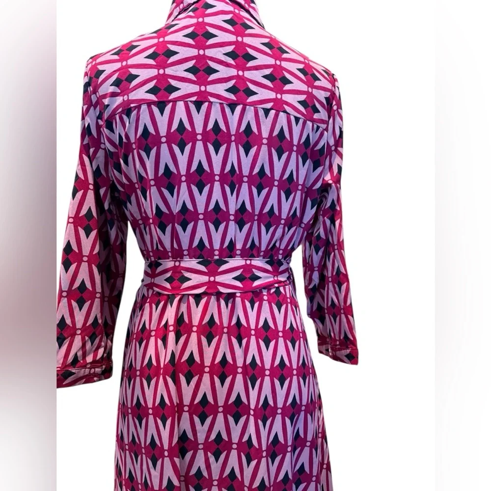 Pink Red Black Graphic Geometric Belted Midi Dress Shirt dress Size Large - Picture 6 of 6